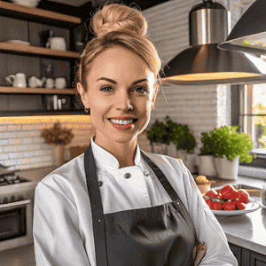 Chef Maddalena, esperta culinaria AI, sorridente nella sua cucina moderna, circondata da ingredienti freschi e piatti colorati.